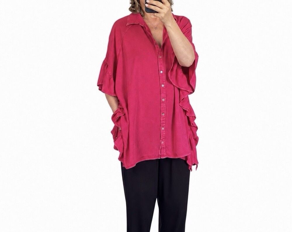 Fantastic Fawn Fuchsia Ruffle Sleeve Oversized Button-Down Top Size S